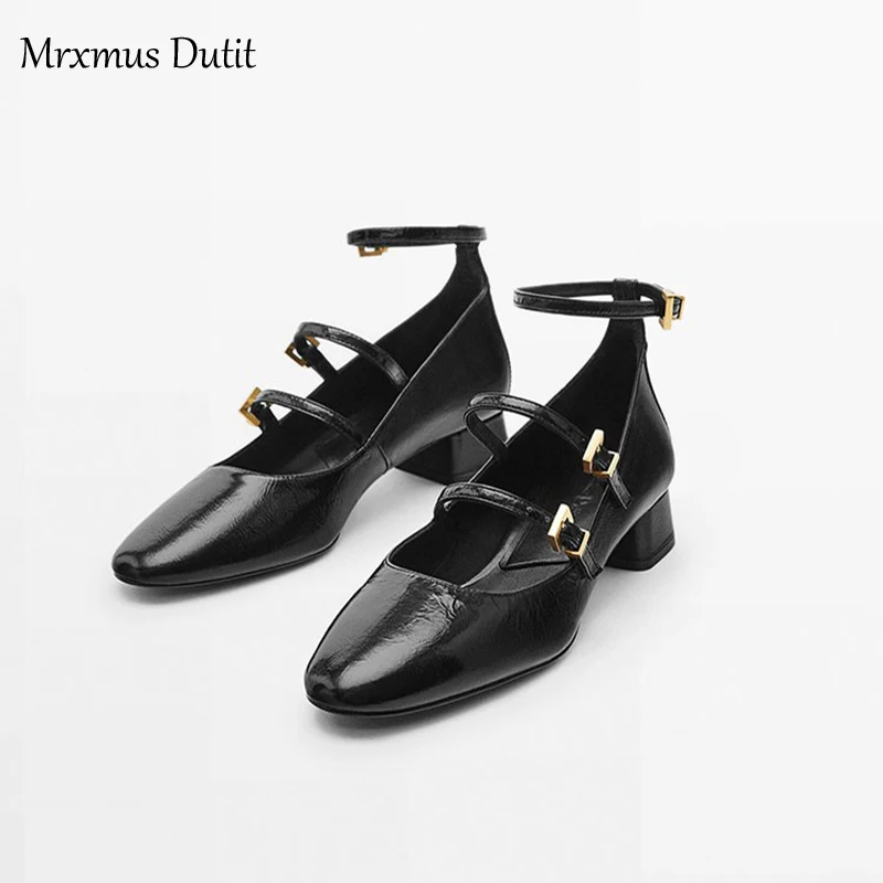 Mrxmus Dutit 2023 New Spring Summer Fashion Genuine Leather Mary Jane Rough Heel Sandals Women Simple Ballet Shoes Female Chic