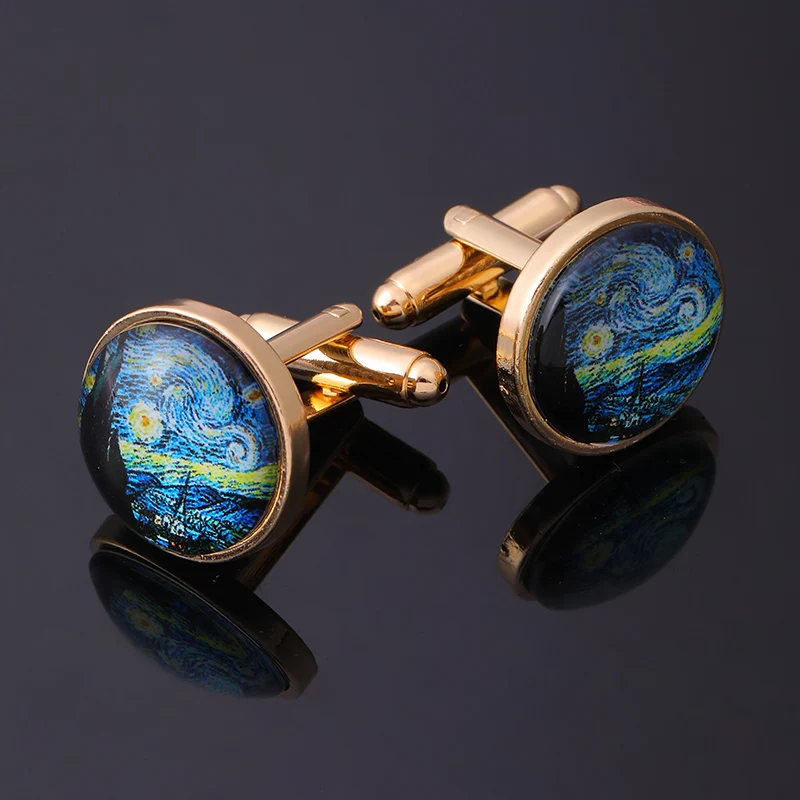 رجل الزجاج كابوشون ليلة النجوم صورة فنية أزرار أكمام فان جوخ النفط اللوحة نمط جولة الكفة زر مجوهرات #3