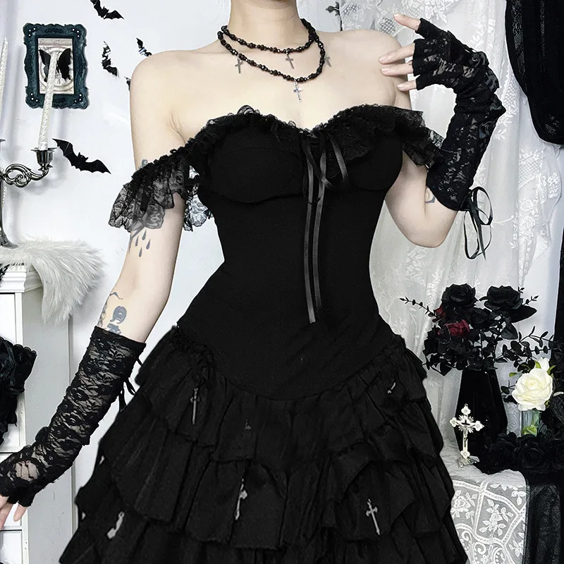 Goth Dark Streetwear Hot Sweet Lace Patchwork Straps Corset Tops Mall Gothic Lace-up Zip Skinny Tank Top for Women Y2K Blouses