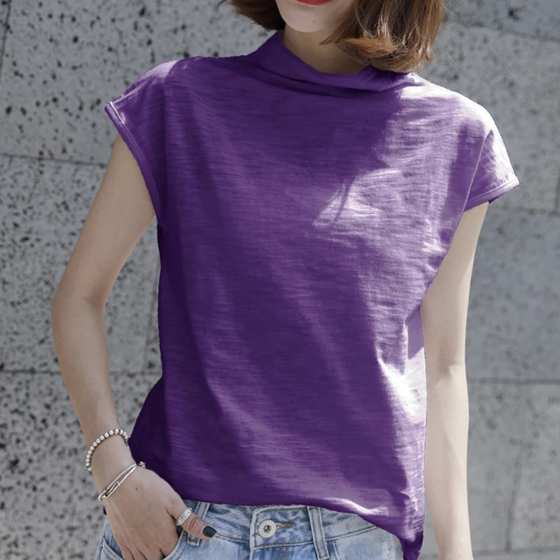 

Turtleneck Cotton 100% Purple Women T-Shirts Summer New Slim Short-Sleeved Elegant Female Pulls Tops Tees