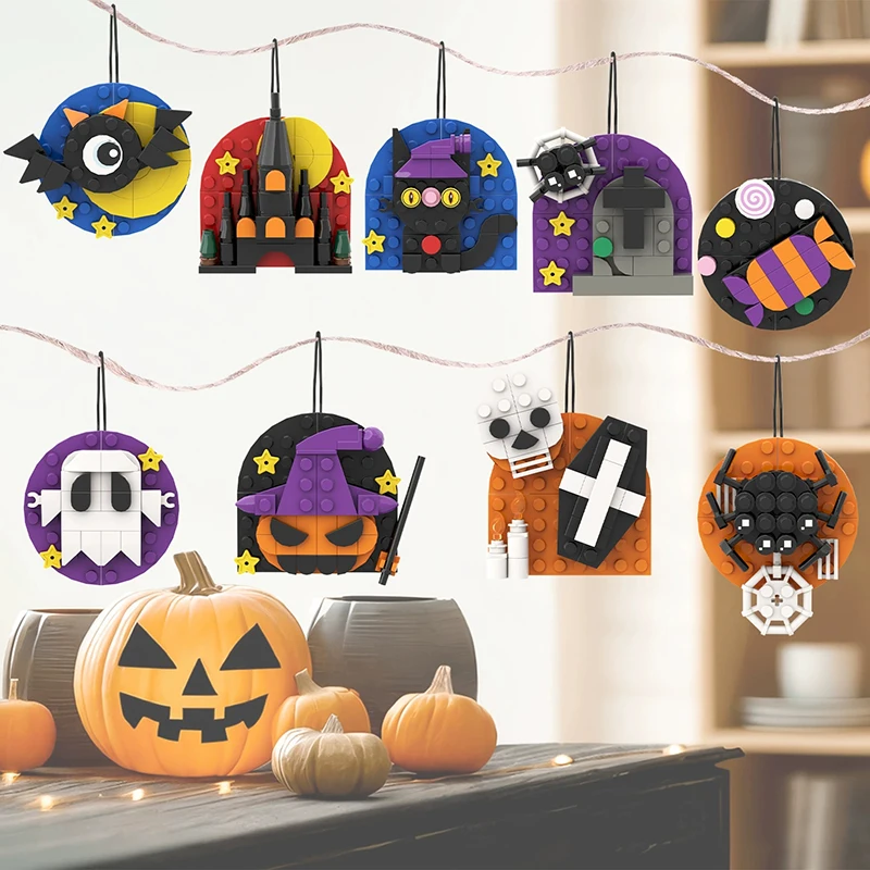 

Halloween MOC Building Blocks Refrigerator Magnet Pumpkin/Ghost/Crow/Spider/Skull Pattern Bricks Toys Compatible With LEGO