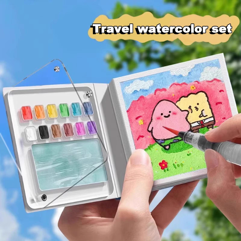 ミニ水彩画ノートブック水彩トラベルセット顔料パレットポータブル描画スケッチブックアート文具