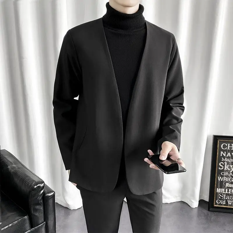 3-G14  Casual Korean style Asian trendy men's tops long sleeve collarless suit jacket persoy casual collarless light mature suit