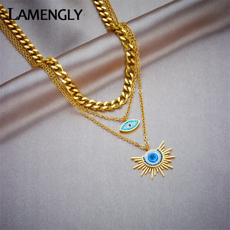 LAMENGLY 316L Stainless Steel Big Eyes Pendant Necklace For Women New Trend Multilayer Chains Waterproof Jewelry Party Gift