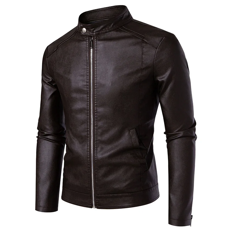 Men's Motorcycle Leather Jacket With Thin Design Velvet Stand Collar High-quality Top Jacket PU Material Suitable All Seasons