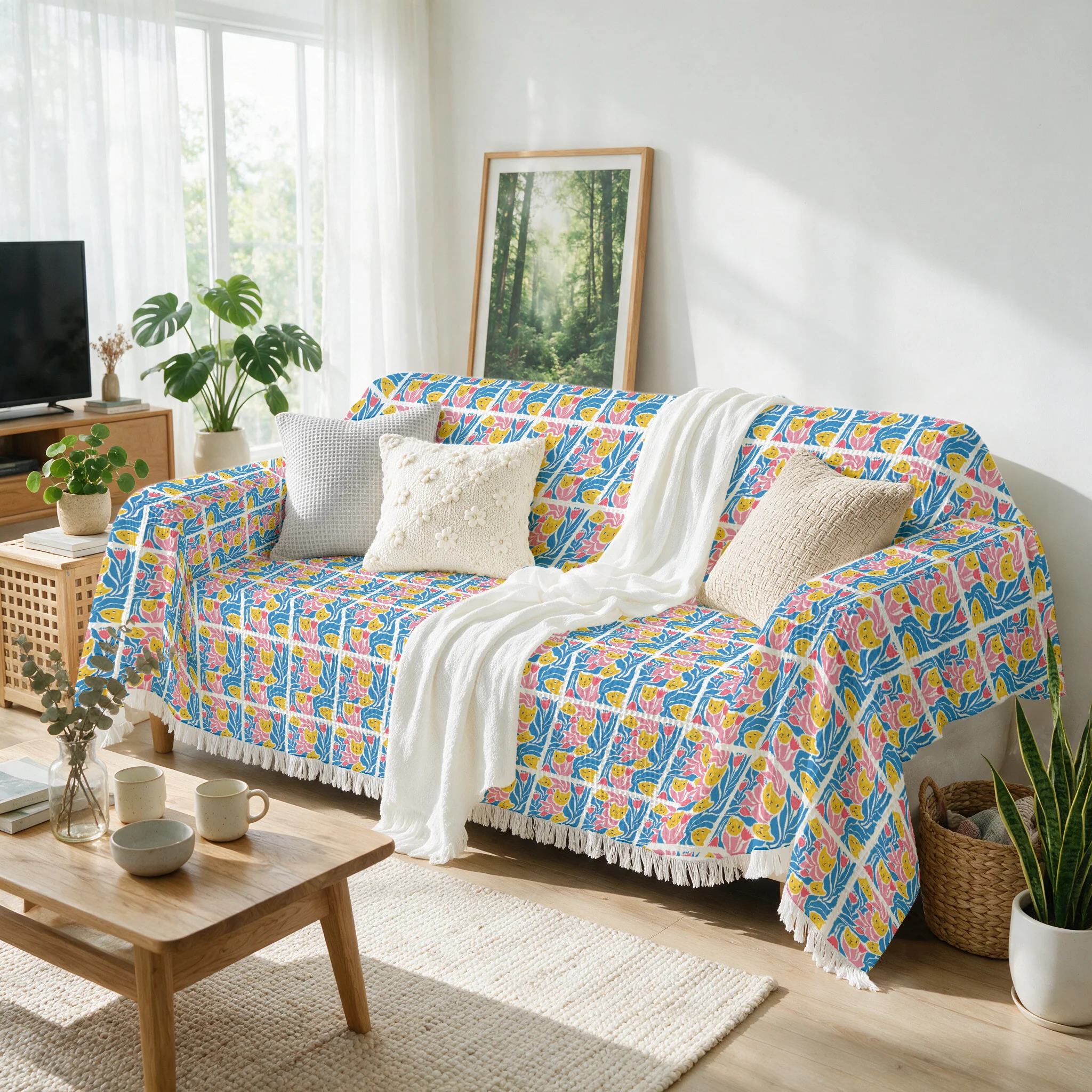 Decorative Floral Print Throw Blanket for Sofa Couch Cover Boho Living Room Decor Cushion Textiles Accent Throw