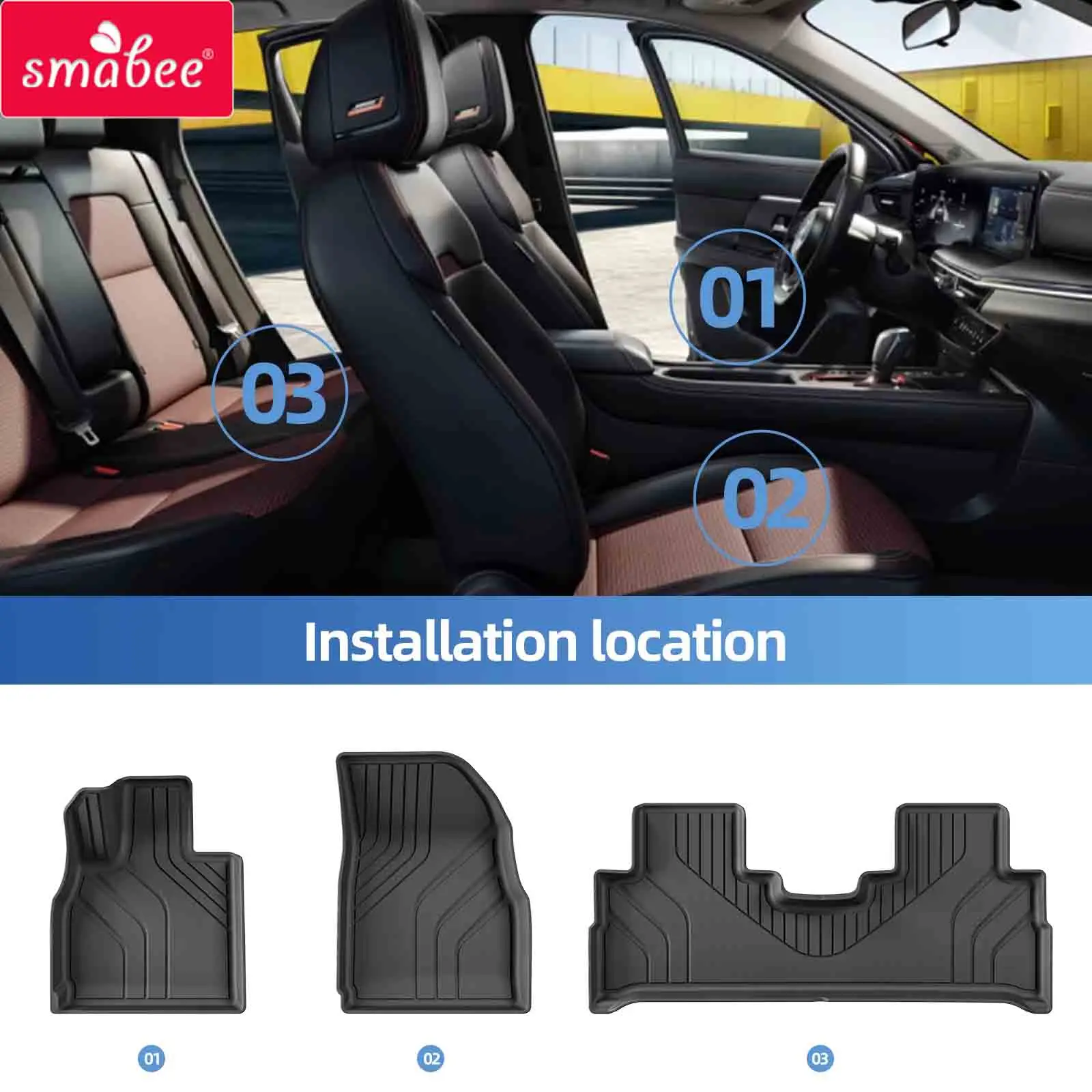 Smabee Left Drive for Chery EXEED RX/Omoda C9 LHD 2023-2027 Car Floor Mats TPE Foot Pad 3PCS Set Waterproof All Weather BLACK
