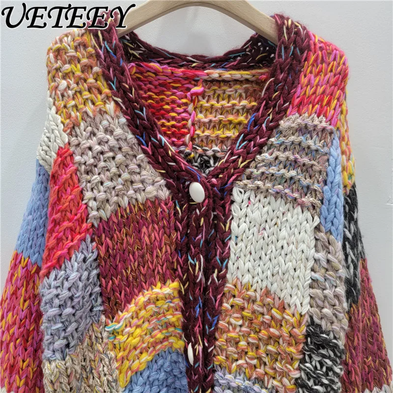 Korean Style Thick Knit Heavy Handmade Sweater Cardigan Autumn Winter New Color Contrast Vintage V-neck Loose Coat Short Top