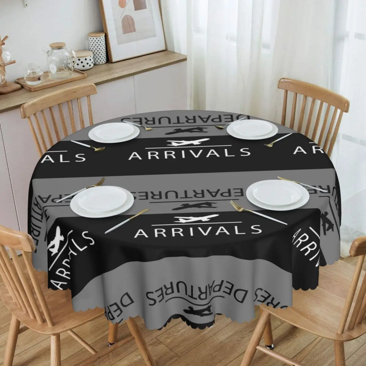 Custom Round Fitted Aviation Arrivals And Departures Table Cloth Waterproof Tablecloth 60 inches Table Cover for Kitchen Dinning