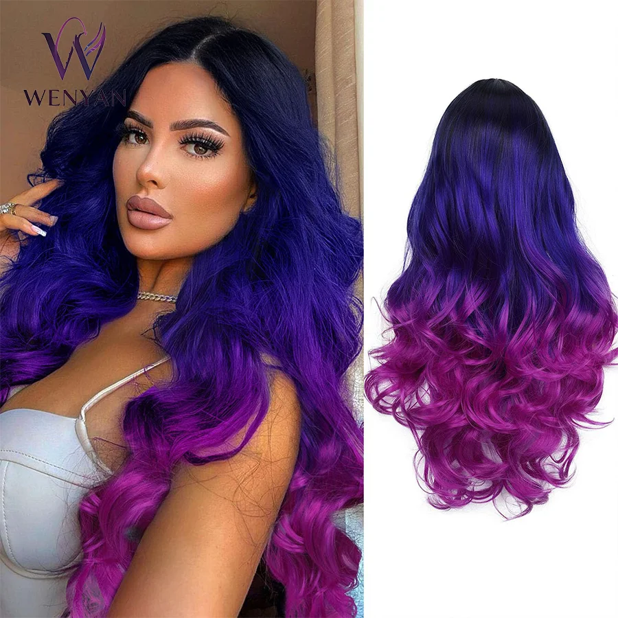 

28inch Long Wavy Wig Black to Blue to Purple Ombre Color, Curly, Rainbow, Middle Part, Synthetic, Mermaid, Purple, For Cosplay