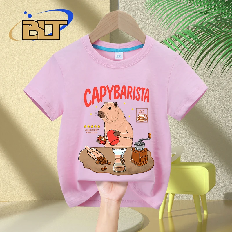 Capybarista เสื้อยืดเด็กพิมพ์ลายการ์ตูน, เสื้อลำลองแขนสั้นผ้าฝ้ายสำหรับเด็กใส่ในฤดูร้อน