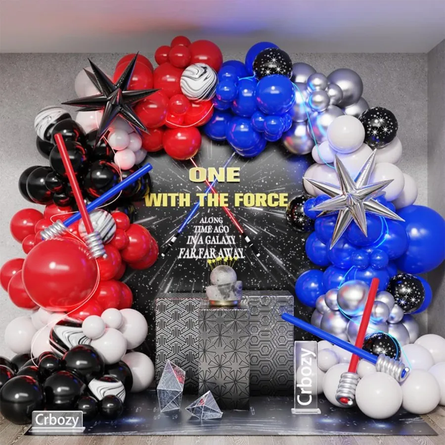 مجموعة قوس بالونات Galaxy Wa مكونة من 151 قطعة بالونات فضية باللون الأزرق الملكي والأحمر والأسود والأبيض لعيد ميلاد نجم Univee One مع The Forc