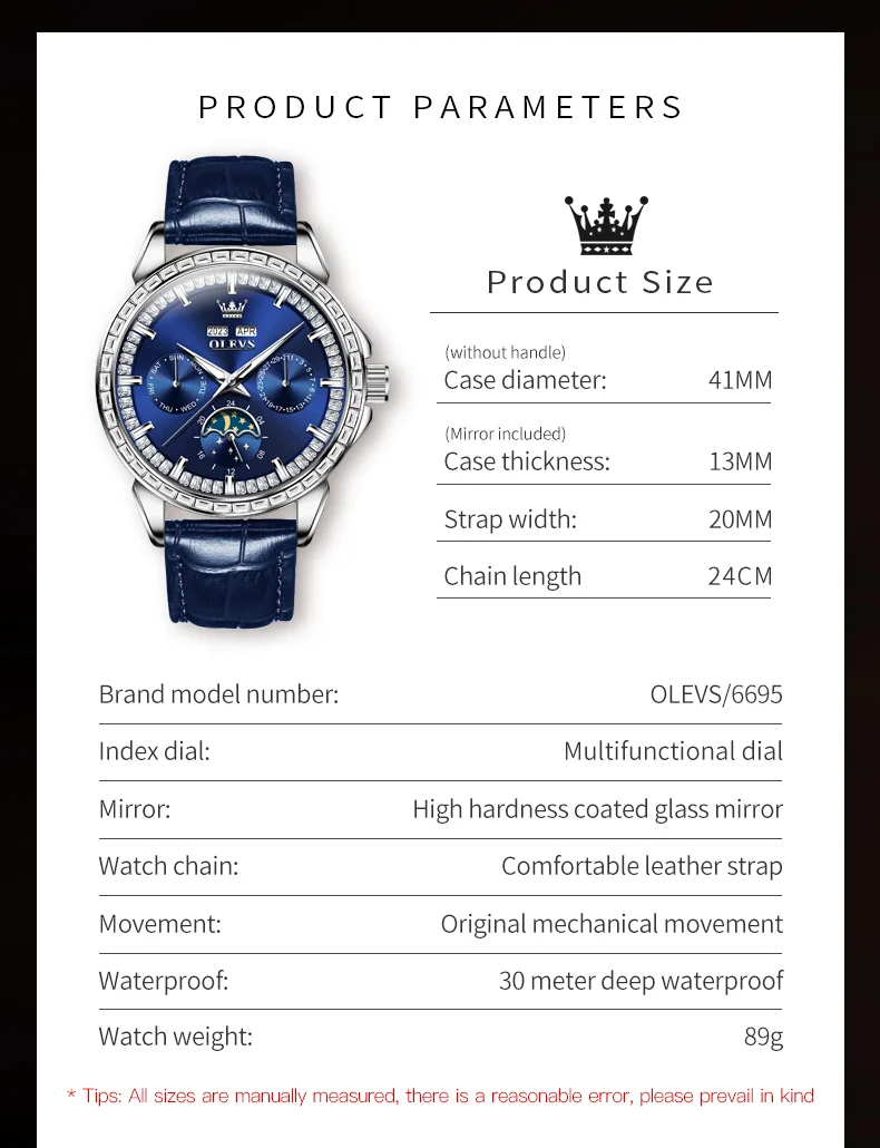 OLEVS 6695 남성용 자동 시계 패션 가죽 스트랩 문 페이즈 다이아몬드 베젤 퍼페추얼 캘린더 럭셔리 기계식 남자 시계