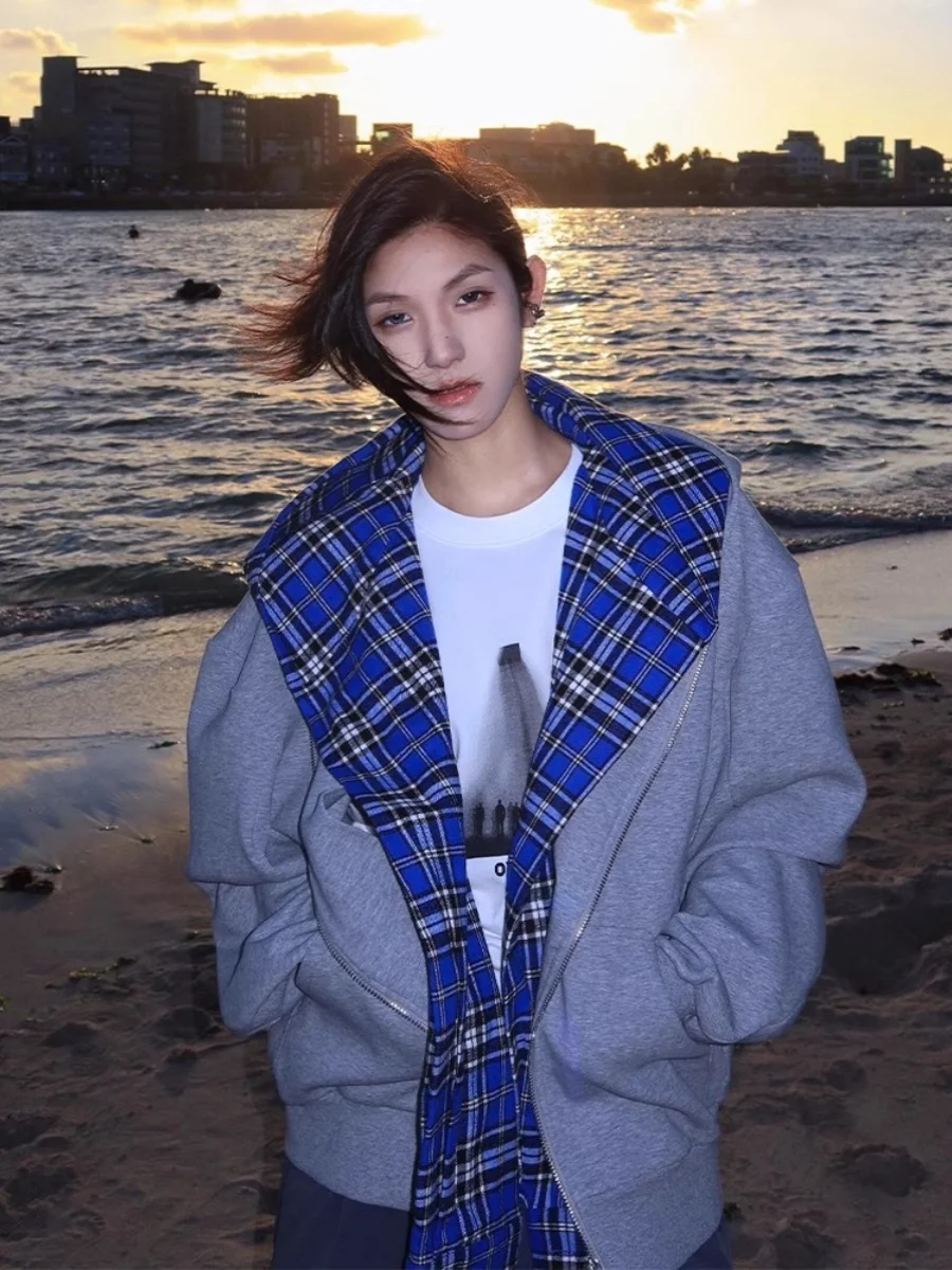 

American Retro Plaid Hoodie Women's Oversize Open Cardigan Coat Spring Autumn New Sle Casual Comfortable Polyester Elastic ...