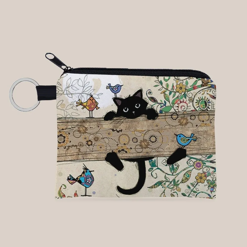 Cute Cat Print Coin Purse with Zipper Square Keychain Coin Pouch Polyester Portable Small Wallet