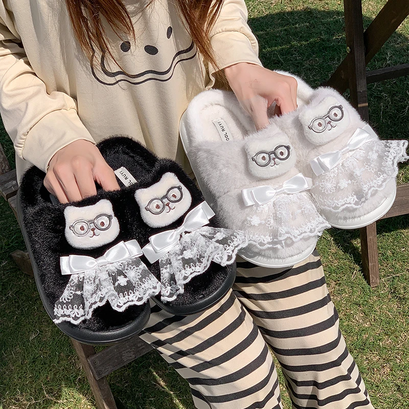 الشتاء رقيق النعال عدم الانزلاق أفخم أحذية منزلية مع مقوس دانتيل الترا لينة شبشب منزل للنساء الرجال الدافئة المنزل مكتب الاستخدام