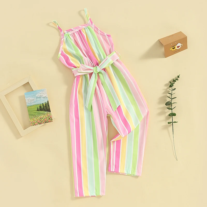 Kids Girl Sleevless Vertical Striped Jumpsuit Romper Spaghetti Boho Overalls  Summer Clothes with Belt