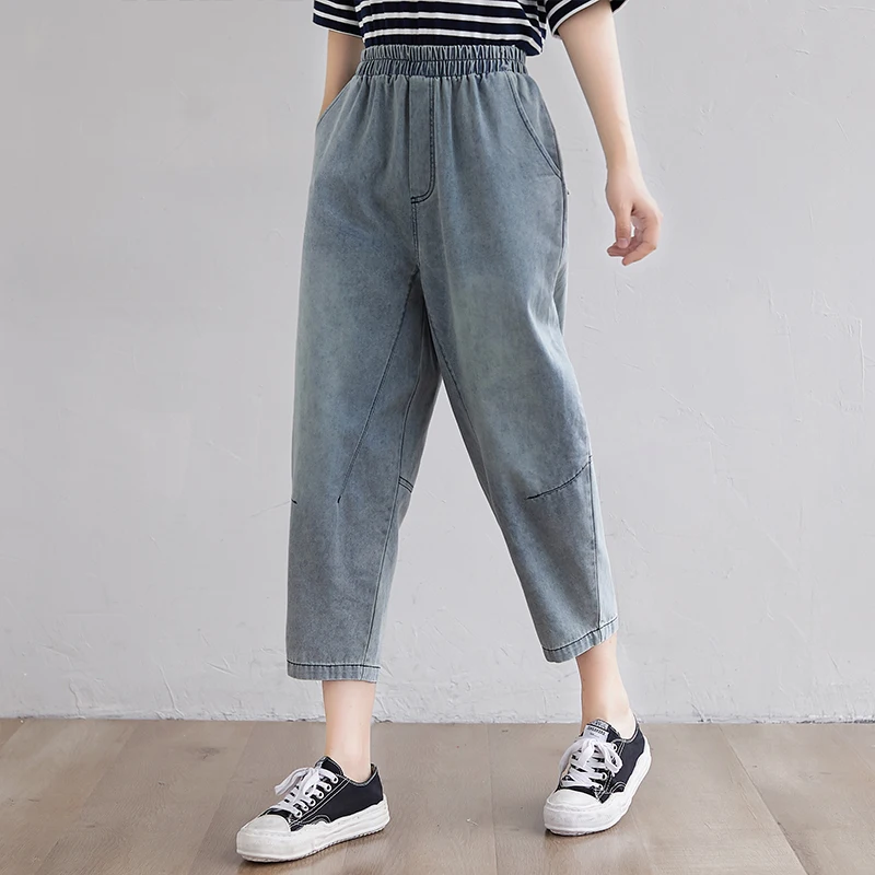 

Summer Women's Loose Fit High Waist Skinny Denim Jeans Vintage Waed Seven-Five Length Elastic Waist Versatile Harlan P...