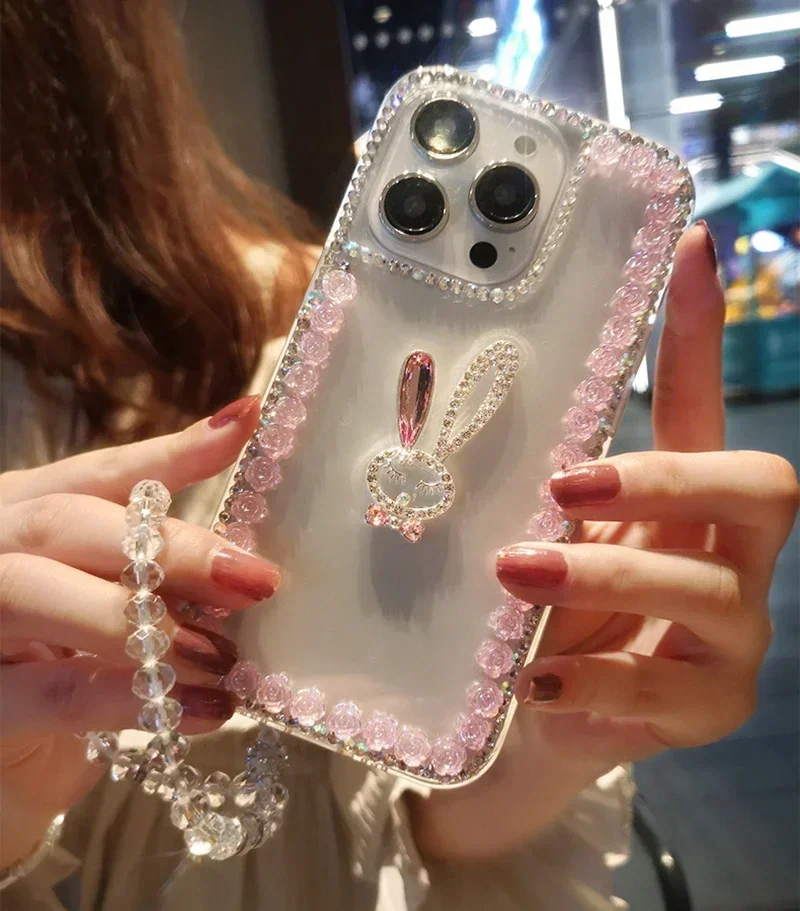 Cute Rhinestone Rabbit Phone Case For Xiaomi Redmi 9A 9C Note8 9Pro Note10S Note11 Pro 12Pro Capa Crystal Flowers Clear Cover