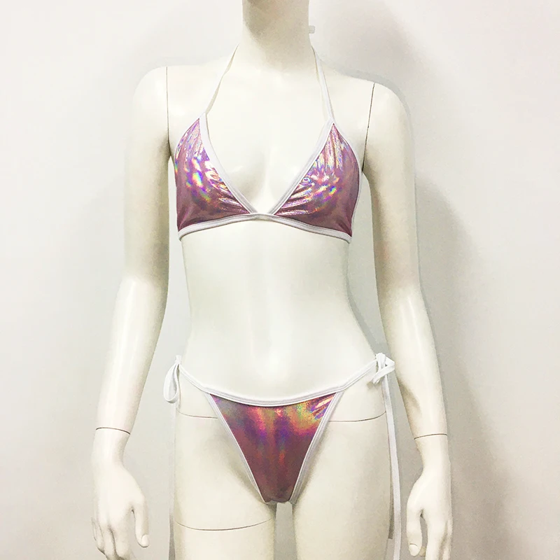 AKYZO Holografisches Laser-Bikini-Set für Damen, sexy String-Tanga-Badeanzug, Strand-Badeanzüge, brasilianische Badebekleidung, Sommer