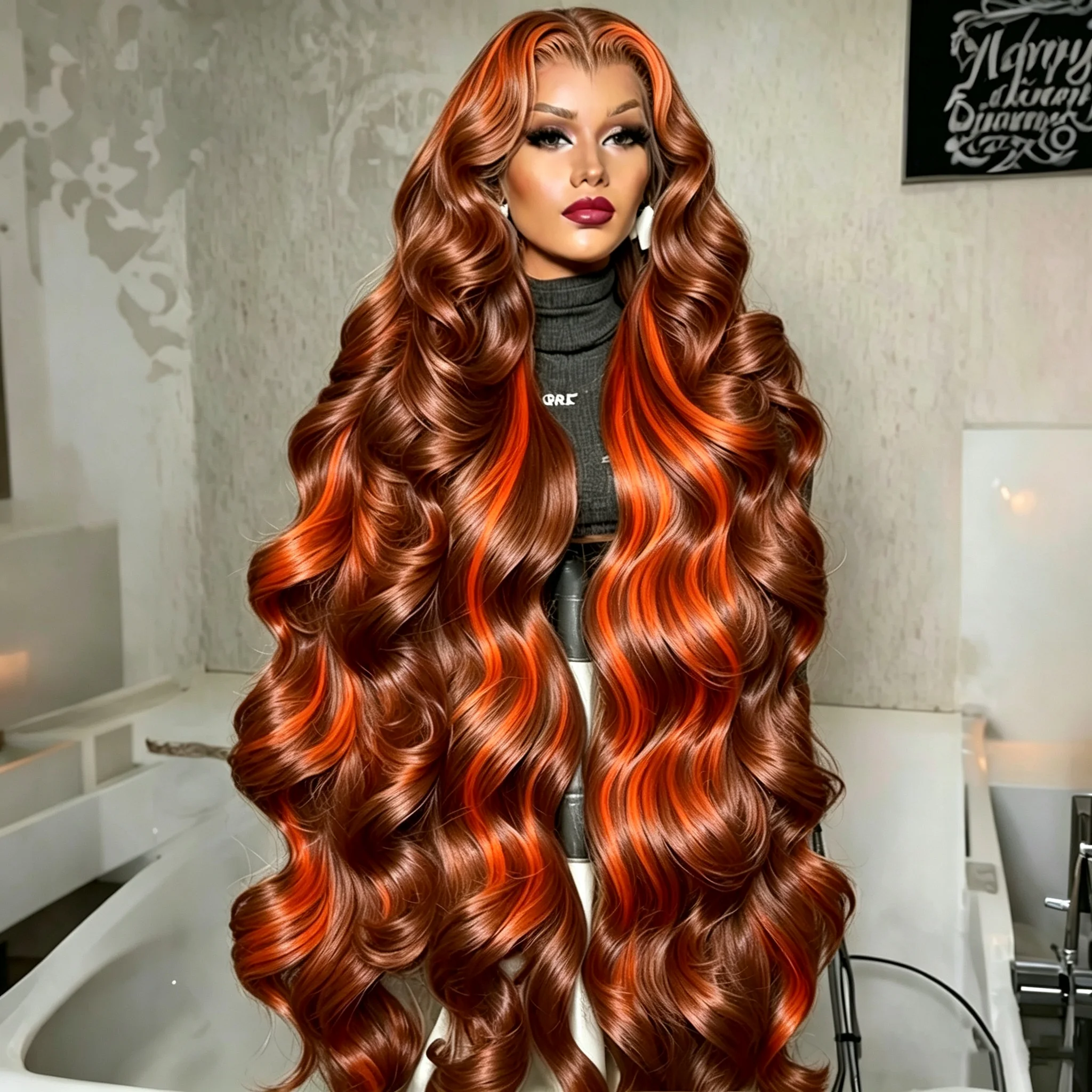 Image of Braun-Ingwer-Orange Highlight Perücken Echthaar Body Wave 13x6 HD Transparente Lace Frontal Perücke Unsichtbare Spitze Ombre Ingwer-Braun Gefärbte Haarperücken für Frauen