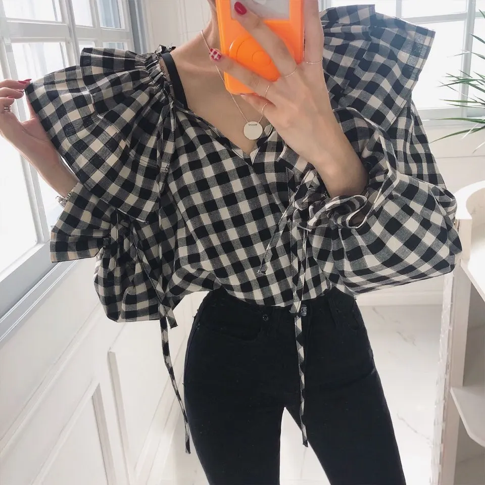 Black White Plaid Lantern Sleeve Shirt Women's Vintage V Neck Drawstring Tie Dyeing Korean Style Commute Straight Cut Top