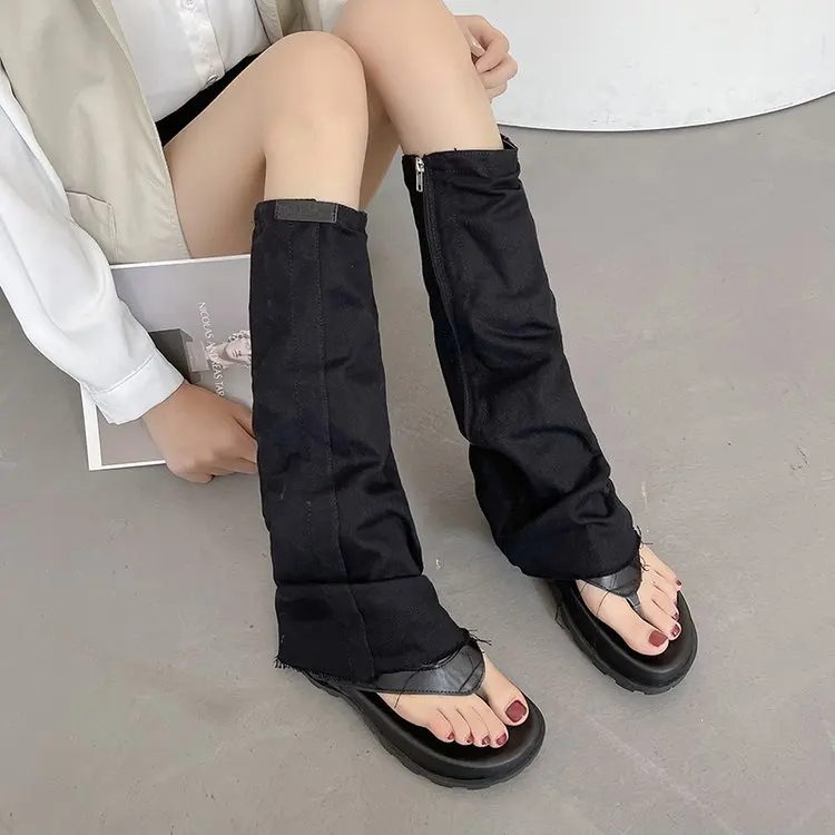 2023 New Women Boots Dark StyleJeans Knee-High Summer Slip-On  Round Toe Slipper Boots Styeet Style