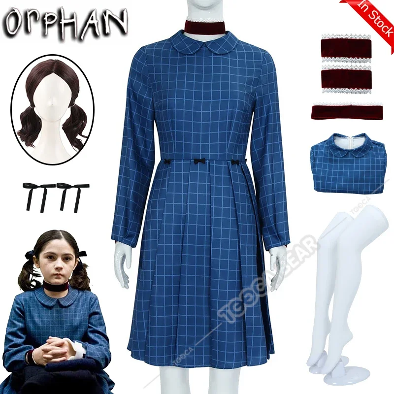 Movie Orphan Esther Coleman Cosplay Costume Wig Leena Klammer Season 3 Blue Dress Headwear Bracelet Stockings Halloween Women