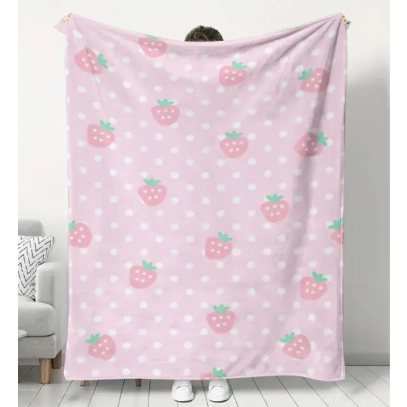 بطانية مطبوعة بالفراولة الوردية - بطانية أريكة منزلية ناعمة ودافئة للاسترخاء في المنزل أو المطبخ أو التخييم