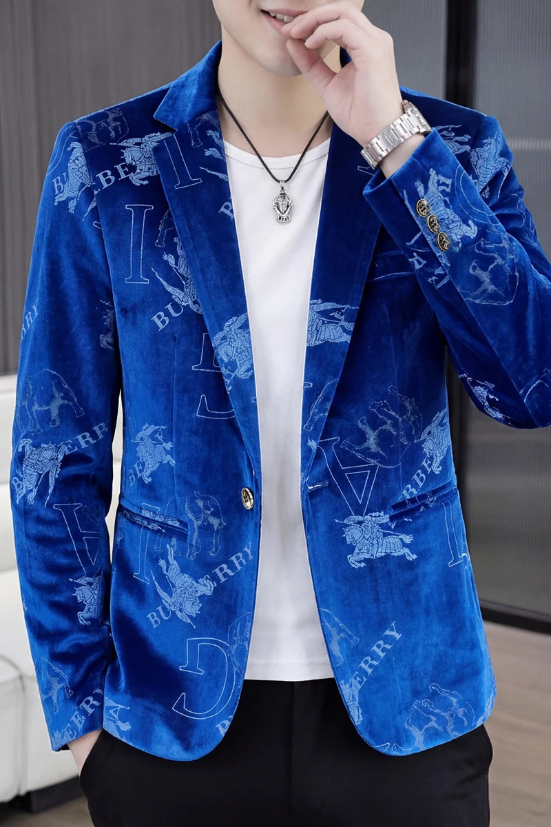 Men's Slim Fit velvet Print Blazer Black Base Luxury Party Jacket for Nightclub  Performance Single Button top jacket for male