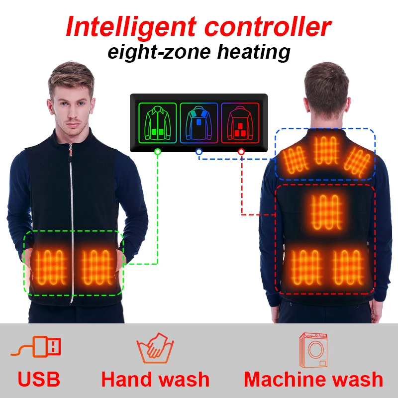 2024 Unisex Electric Heated Vest Coat 8 Heating Areas Hiking Vest Intelligent Heating Jackets Washable USB Charging for Sports