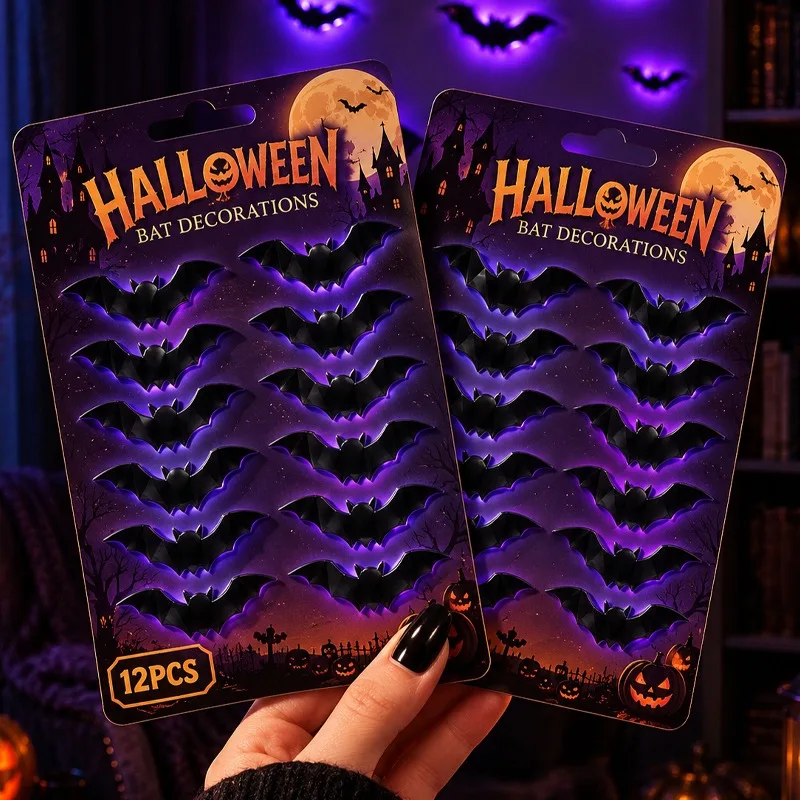 12Pcs LED Night Light 3D Bat Wall Decal Home Halloween Festival Party Indoor Decoration Illuminated Bats Lamps Accessories