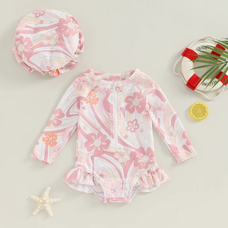 6M-3T Toddler Girls  Swimsuit With Hood Flower Print Long Sleeves Round Neck Front Zipper Lotus Leaf Beach Swimsuit