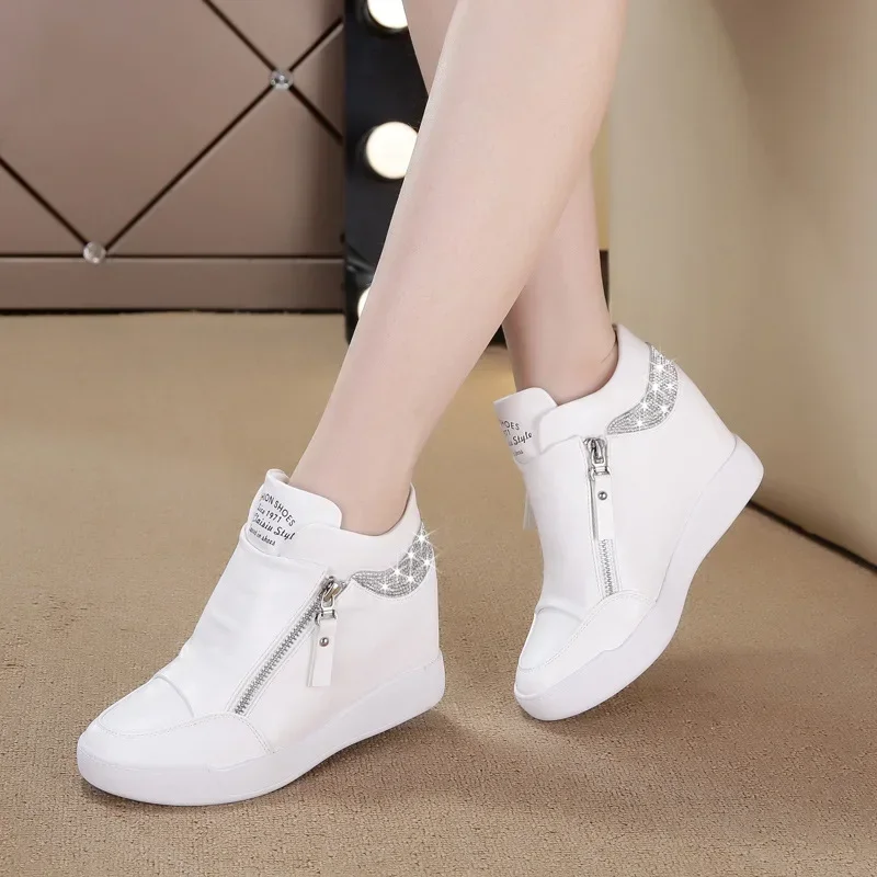 

High Top Women Sneakers Spring Autumn New Hidden Heel Casual Shoes Side Zip Women White Platform Bling Dimond Wedge Rivet Shoes