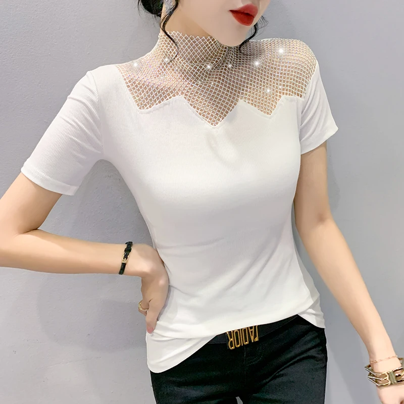 2023 Summer European Clothes T-Shirt Chic Sexy Hollow Out Patchwork Shiny Diamonds Women Tops Short Sleeve Elastic Tees 32069