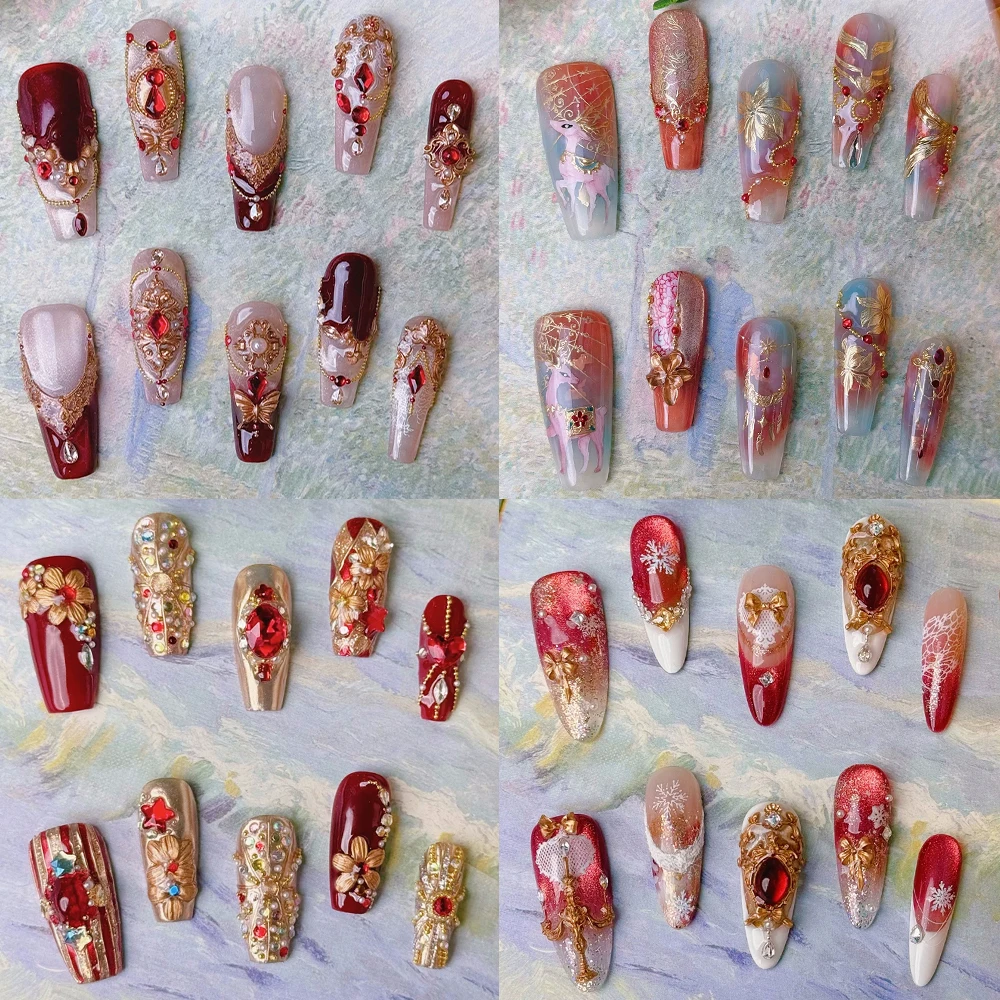 

10Pcs High-End Gold Flower Butterfly Handmade Long Coffin Press On Nails 3D Pearl Colorful Rhinestone Bowknot Reusable Fake Nail