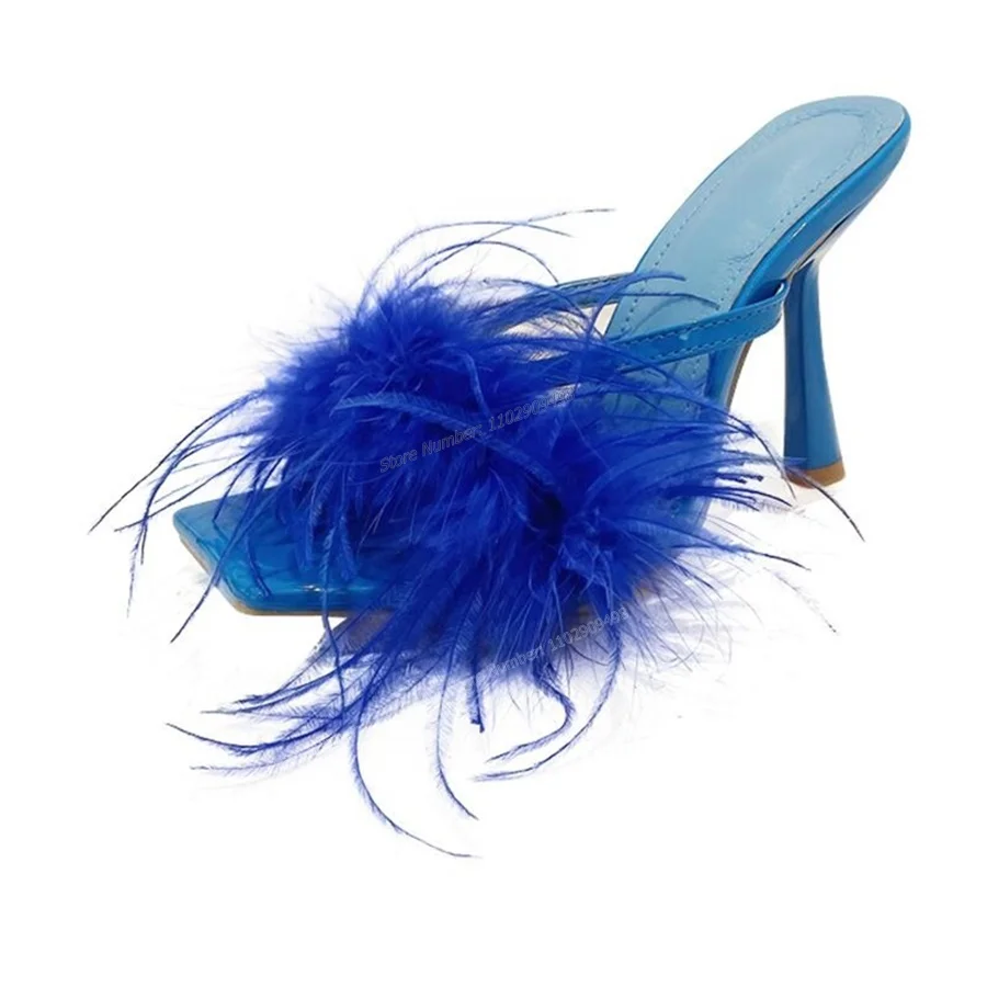 

Blue Feather Decor Slippers Solid Color Square Toe Open Toe Shoes for Women Chunky High Heels Shoes 2023 Zapatos Para Mujere