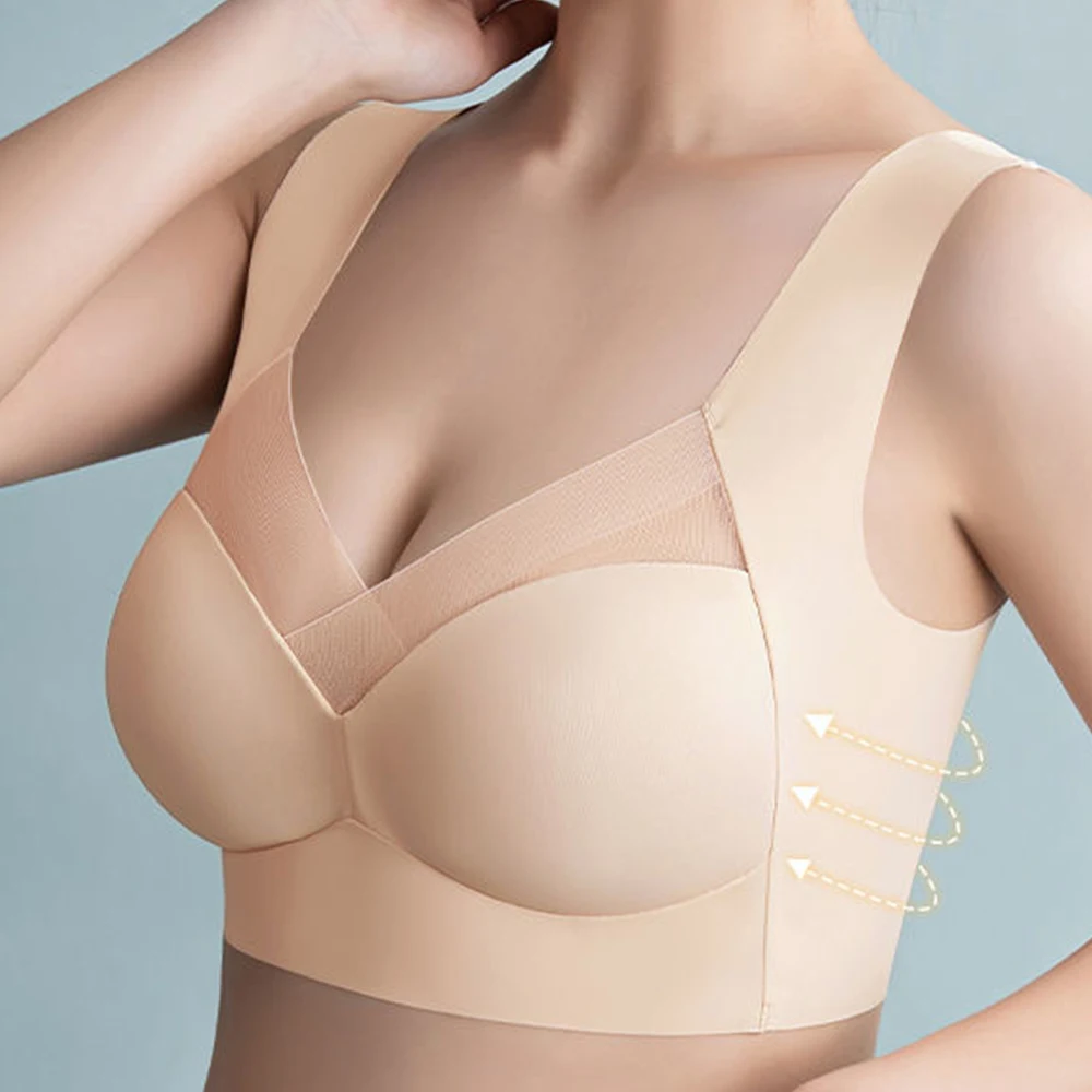 Plus Size Bra with Anti-Slip and Anti-Sagging Shoulders Without Wire Free Fixed Cup Comfortable Side-Up-Type Underwear Women