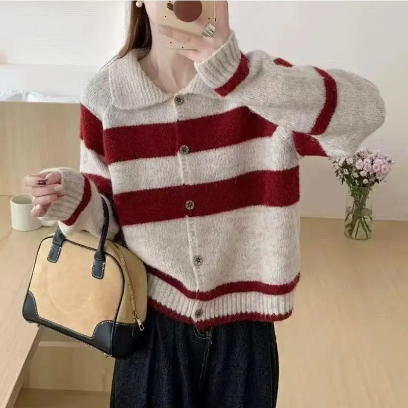

Korean Vintage Knitted Sweaters Autumn Winter Striped Lapel Women's Clothing Contrasting Colors Loose Single-breasted Cardigan