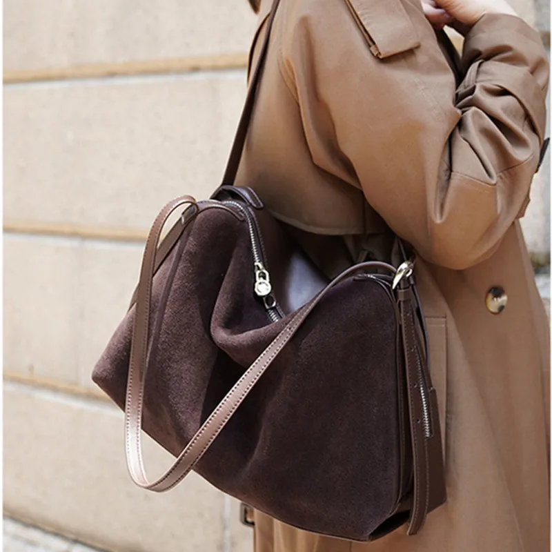

Matte Suede Leather Female Shoulder Bag Winter Big Capacity High-end Frosted Cowhide Leather Women's Handbag Coffee Solid Color
