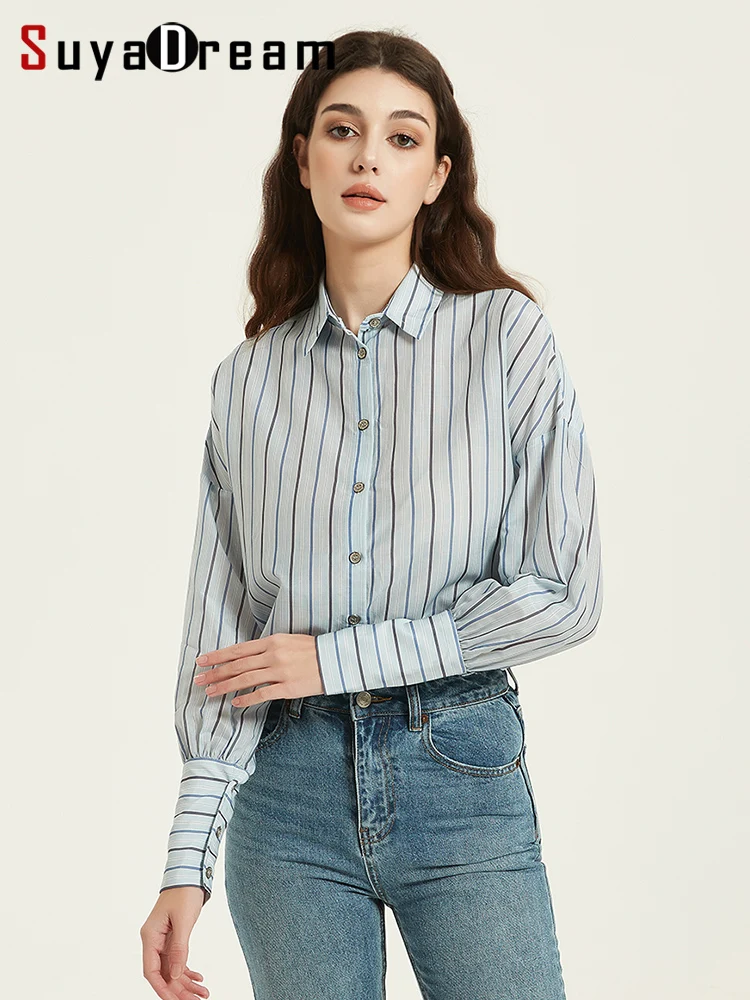 SuyaDream Women Striped Shirts Drop Sleeves Loose Chic Blouses 30%Silk 70%Cotton 2023 Spring Summer Printed Top Light Blue