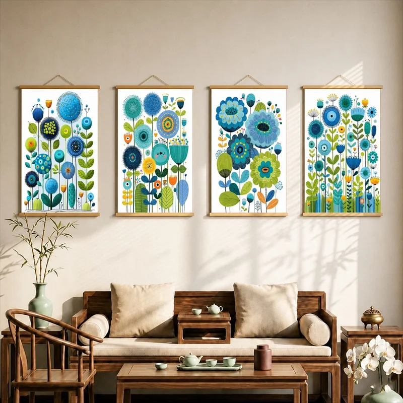 Wall Decorations Blue and Green Folk Art Flowers, Cheerful Botanical Pearlescent Canvas Wall Hanging Scroll for Craft Workshop