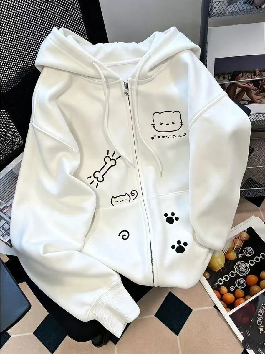 Cute  Print Hoodie Women's Grey Zipper Open Cardigan Casual Versatile Anti-Aging Jacket Autumn Winter Fleece Lined Loose Fit