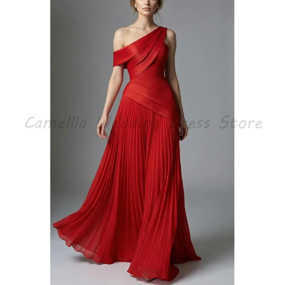 Red Asymmetric One Shoulder Pleated Chiffon Evening Dress Draped Satin Trim Floor Length A Line Formal Pageant Party Gown