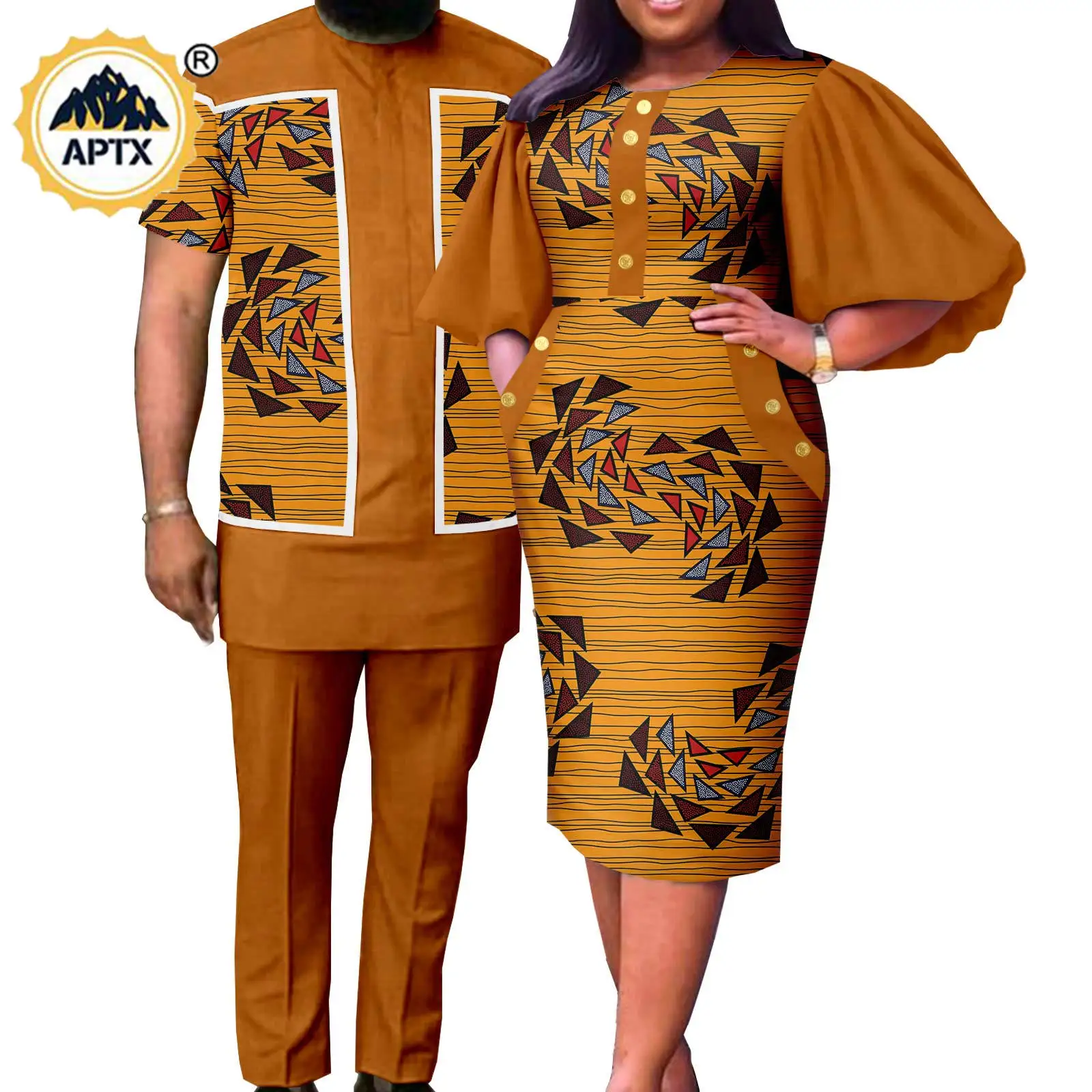 

African Print Puff Sleeve Dresses for Women Matching Couple Outfits Bazin Riche Men Top and Pant Sets Summer Clothes Y23C069