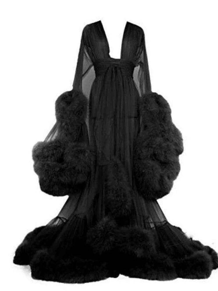 NHKDSASA Fur Nesh Gown Robes Long Nighty Transparent Trim Big Nightgown Robe with Fur Women