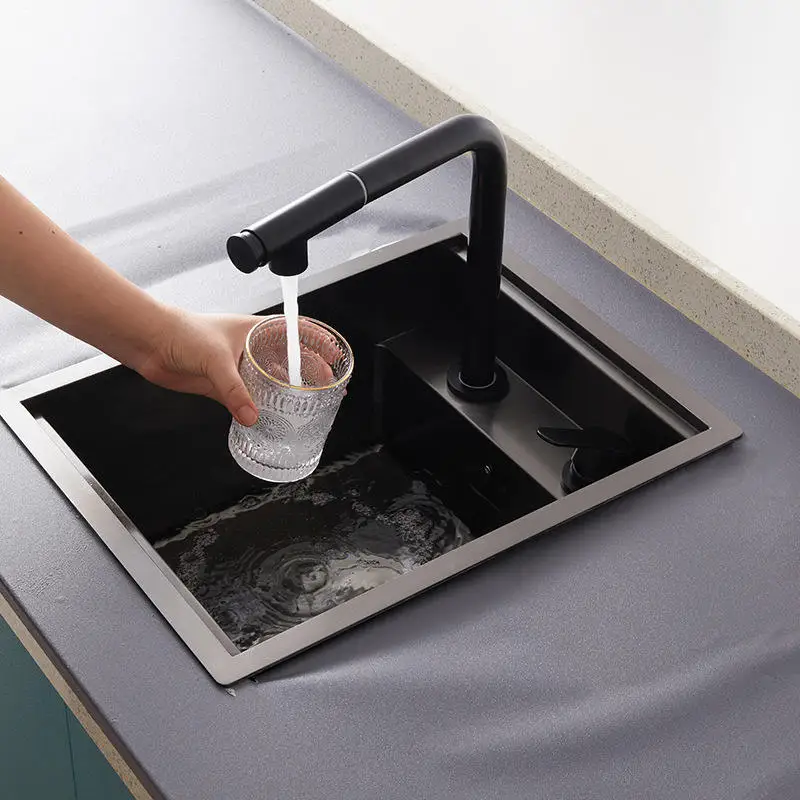 Luxury Modern Kitchen Sink Hidden 304 Stainless Steel Single Bowl Waterfall Multifunctional Sink with Glass Washing Machine