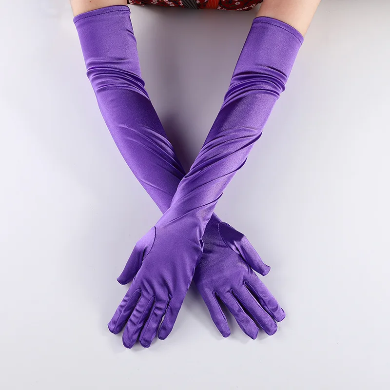 Gants de danse longs pour femmes, violet, vert, bleu, protection solaire, blanc, noir, doigt, opéra en Satin, accessoires de mariage