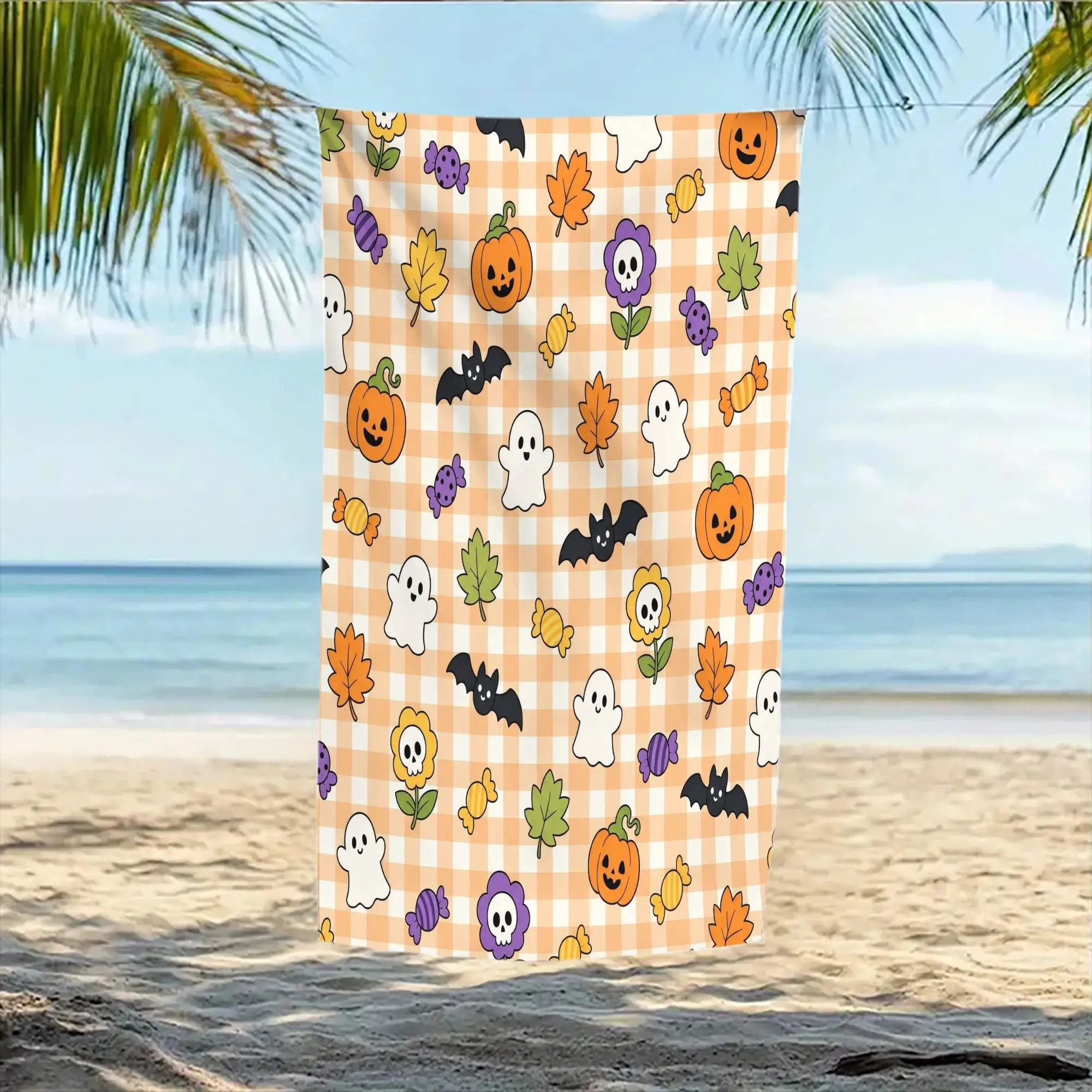 Halloween Pumpkin Ghost Bat Candy Plaid Print Beach Towel Soft Microfiber Quick Dry Lightweight Sand Free Blanket for Travel Poo