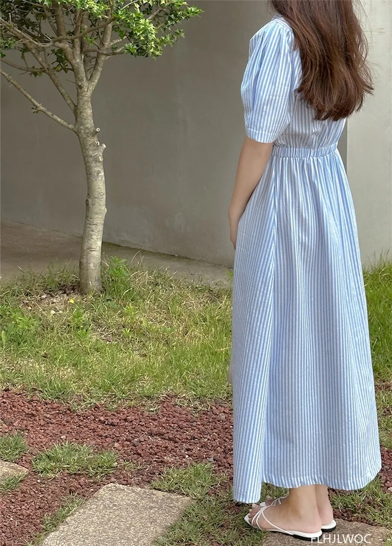 Baumwolle Leinen Feminine Vestidos Chic Korea Mode Kleidung Frauen Büro Dame Vintage Einreiher Taste Streifen Hemd Kleid